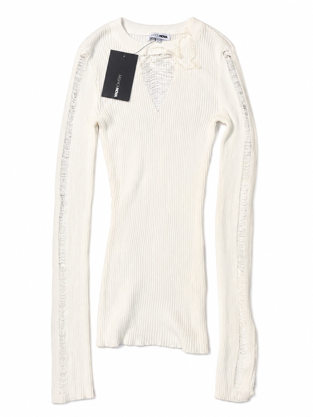 Fashion Nova Becca Vionnet White Ribbed Long-Sleeve Lace-Trim Top Size XS